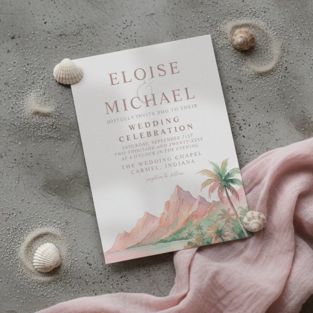 Invitación Isla de la Playa de la Puesta del Sol Tropical Bod (Tropical Sunset Island Beach Watercolor Wedding Invitation)