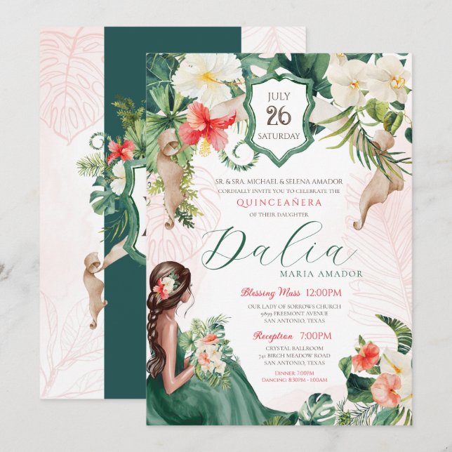 Invitación Isla Floral Verde Esmeralda Tropical Quinceañera (Anverso / Reverso)