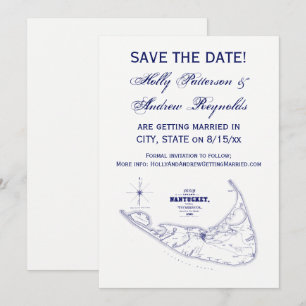Invitación Isla Nantucket MA Mapa Antiguo Azul Marino