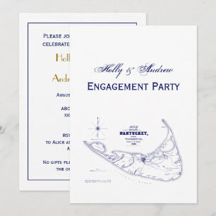 Invitación Isla Nantucket MA Mapa Antiguo Azul Marino