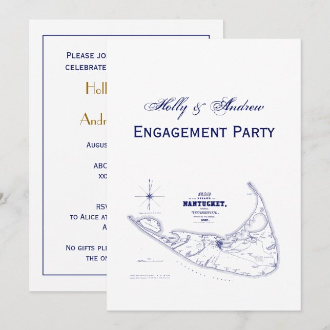 Invitación Isla Nantucket MA Mapa Antiguo Azul Marino (Anverso / Reverso)