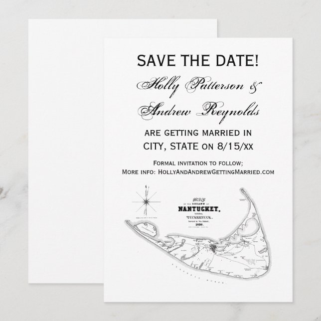 Invitación Isla Nantucket MA Mapa Antiguo Negro (Anverso / Reverso)