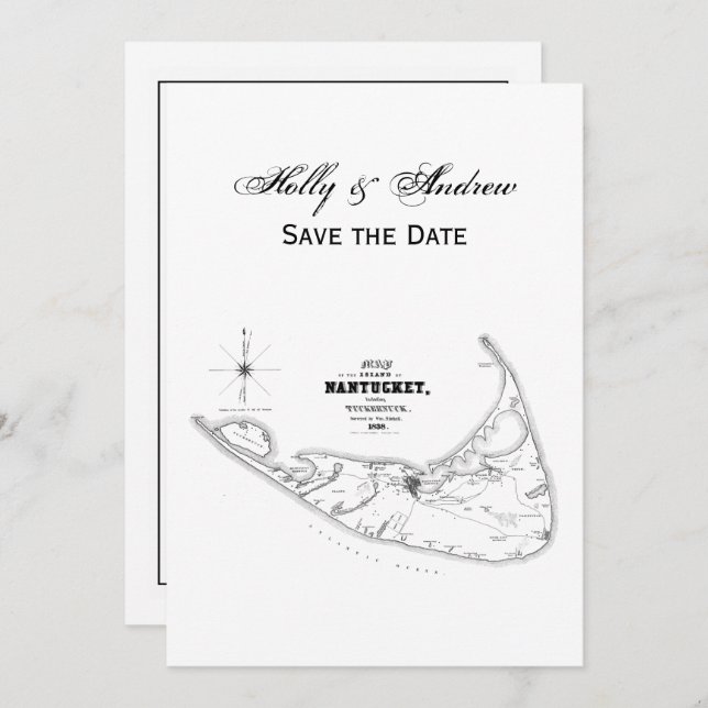 Invitación Isla Nantucket MA Mapa Antiguo Negro (Anverso / Reverso)