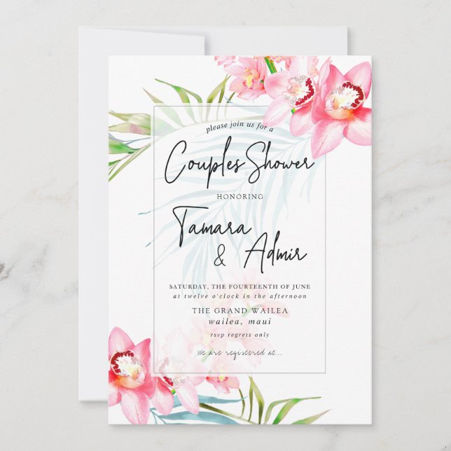 Invitación Isla Orquídea PixDezines, Ducha De Parejas Tropica (Anverso)