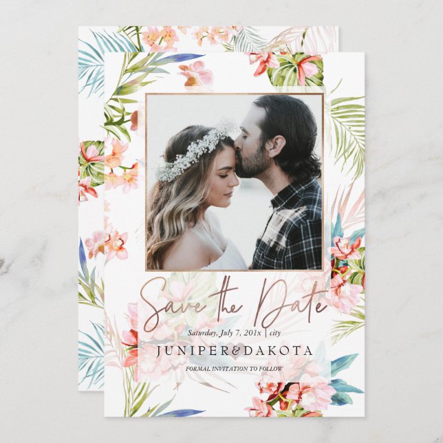 Invitación Isla Orquídea PixDezines, Orquídea Peach+Palmas (Anverso / Reverso)