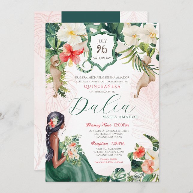 Invitación Isla Tropical Flora Verde Esmeralda Quinceanera (Anverso / Reverso)
