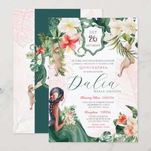 Invitación Isla Tropical Flora Verde Esmeralda Quinceanera