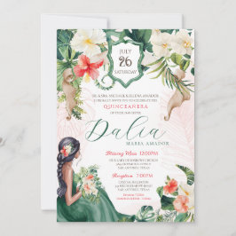 Invitación Isla Tropical Floral Verde Esmeralda Quinceañera