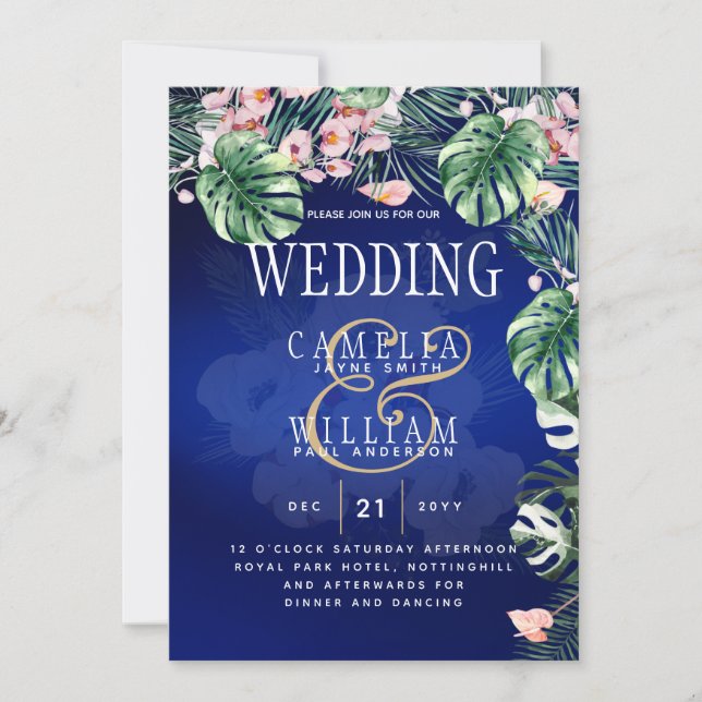 Invitación Isla Tropical Flores Azules Reales dejan Boda (Anverso)