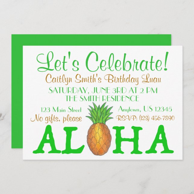 Invitación Isla Tropical Luau Pineapple Hawaii Aloha Fiesta (Anverso / Reverso)
