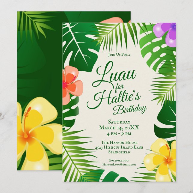 Invitación Isla Tropical Playa Luau Cumpleaños (Anverso / Reverso)