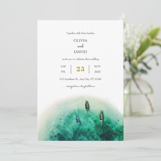 Invitación Isla Verde Esmeralda Boda de Playa de Laguna Coste (Anverso de pie)