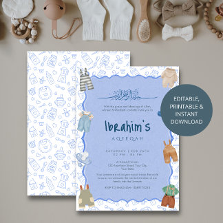 Invitación Islamic Blue Watercolor Baby Boy Aqiqah Invitation