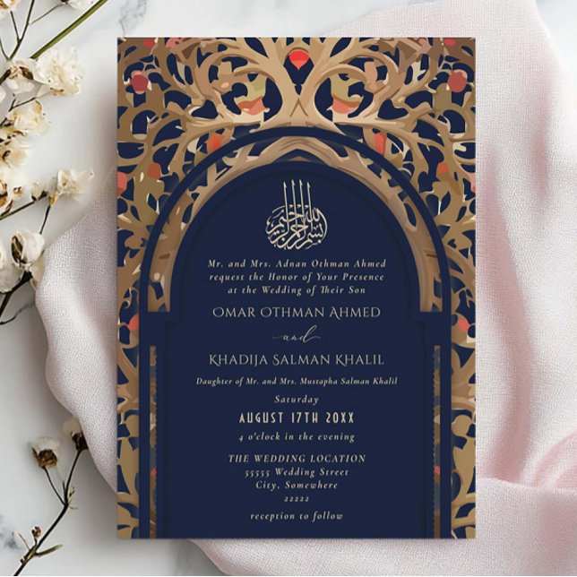 Invitación Islamic Navy Blue Mihrab Arabesque Wedding (Subido por el creador)