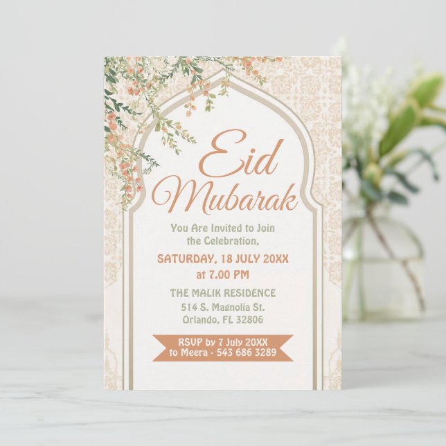 Invitación Islámica Floral Arco Eid Mubarak (Anverso de pie)