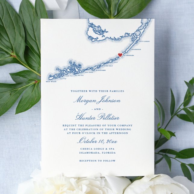 Invitación Islamorada FL Map Elegant Navy Blue Boda (Islamorada Florida Keys Wedding Invitation in Elegant Navy Blue from Coastal Map Designs)