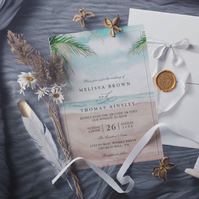 Invitación Island Breeze Painted Beach QR Code Wedding (Subido por el creador)