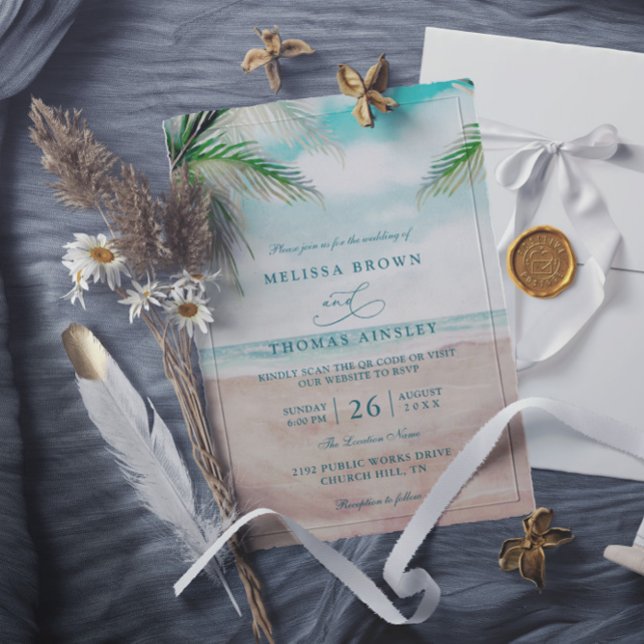 Invitación Island Breeze Sandy Beach Elegant QR Code Wedding  (Subido por el creador)
