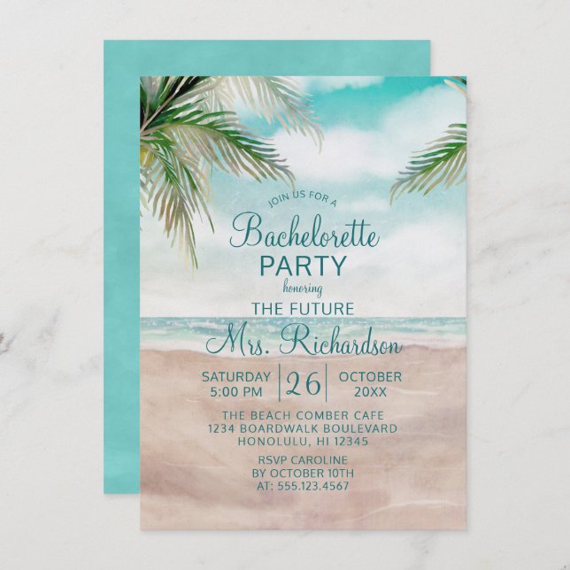 Invitación Island Breeze Sandy Beach Shore Bachelorette Party (Anverso / Reverso)