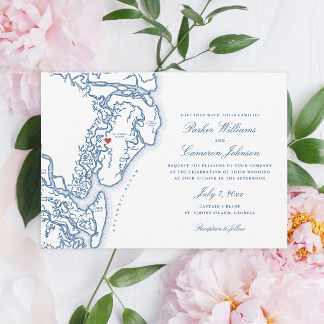 Invitación Islas de Oro Georgia Mapa elegante Boda azul de la (Golden Isles of Georgia map wedding invitation with a heart over St. Simons Island)