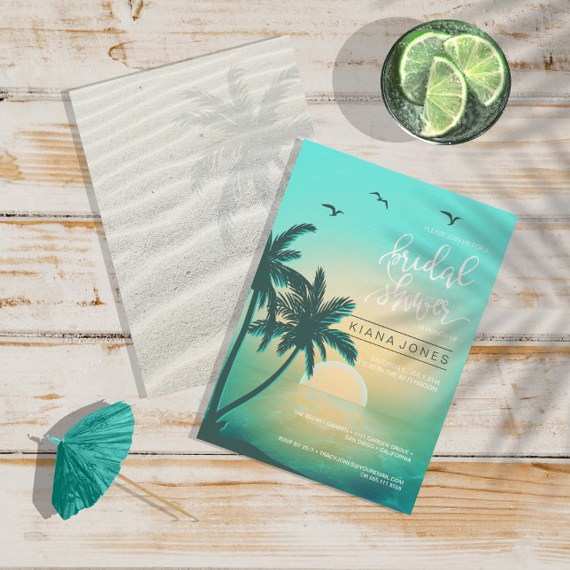 Invitación Isle Tropical Sunrise Boda ID581 Verde azulado (Front/Back In Situ)