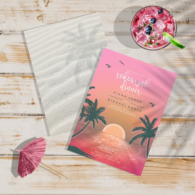 Invitación Isle Tropical Sunrise Ensayo Cena Cena Rosa ID581 (Front/Back In Situ)