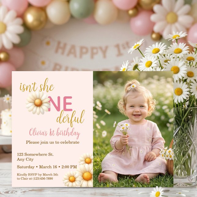 Invitación Isn't She One-derful 1st Birthday Daisy Photo (Isn't She One-derful 1st Birthday Daisy Photo Invitation)