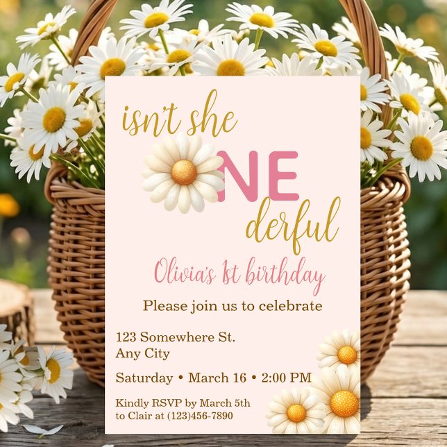 Invitación Isn't She One-derful 1st Birthday Watercolor Daisy (Isn't She One-derful 1st Birthday Watercolor Daisy Invitation)
