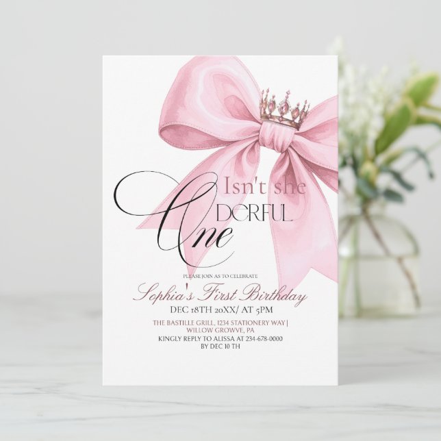 Invitación Isn't she Onederful Pink Bow 1st Birthday Party (Anverso de pie)