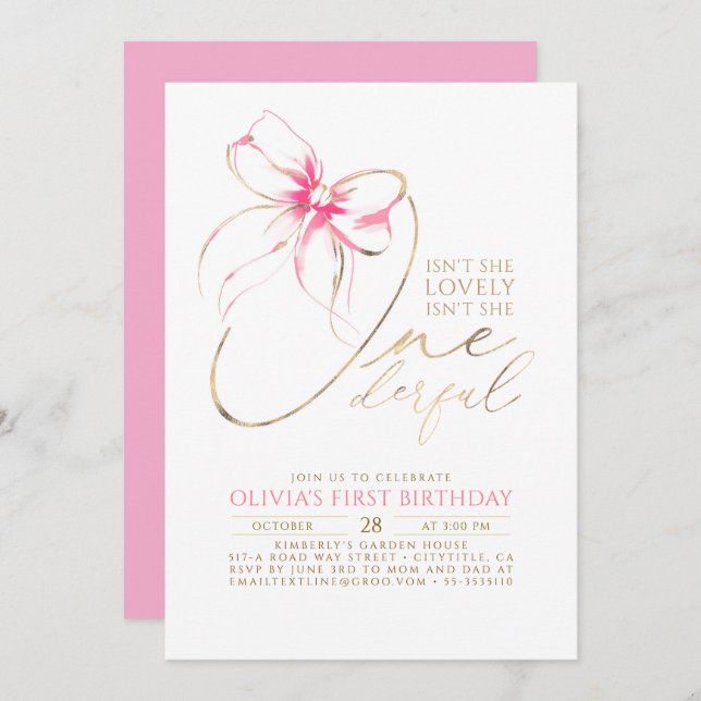Invitación Isn't She Onederful Pink Bow Elegant 1st Birthday (Anverso / Reverso)
