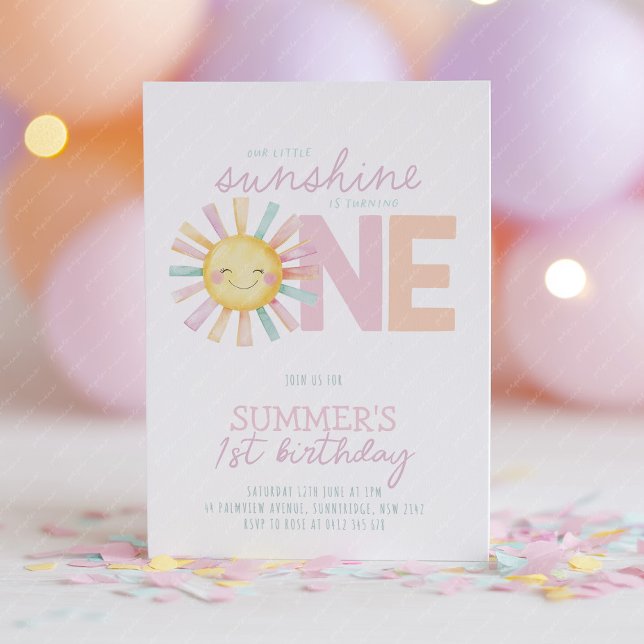 Invitación Isn't She Onederful Sun Girl Pastel 1st Birthday (Our little sunshine is turning one! Cute pastel sun 1st birthday invitation in pink, peach & purple)
