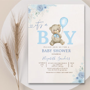 Invitación It’s a Boy, Cute Watercolor Bear Baby Shower boy