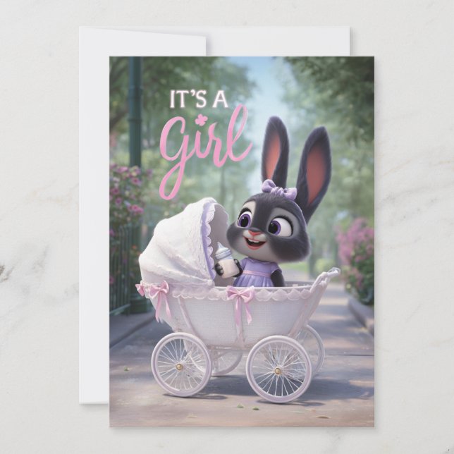 Invitación It’s a Girl: Baby Bunny in Pink Lace Stroller (Anverso)