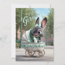 It’s a Girl Baby: Cute Bunny in Green Stroller
