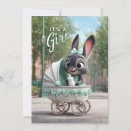 Invitación It’s a Girl Baby: Cute Bunny in Green Stroller