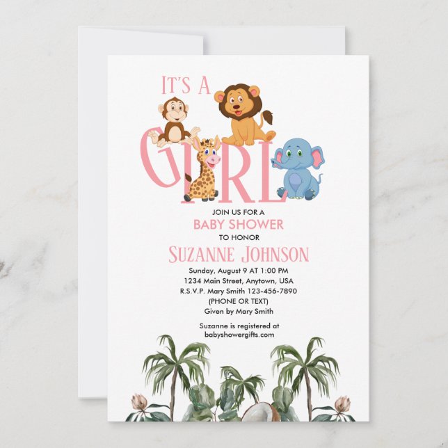 Invitación It’s A Girl-Baby Zoo Animals Invitation (Anverso)