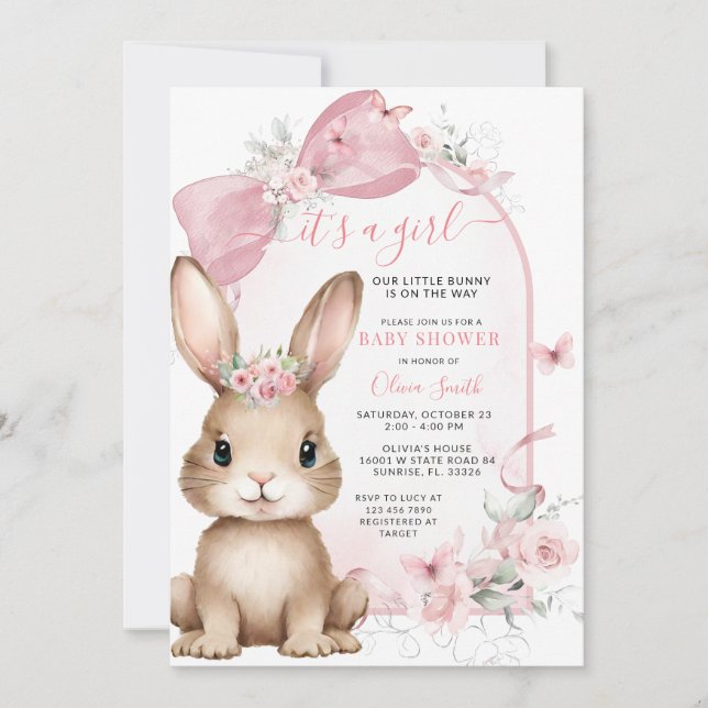 Invitación It’s a Girl Bunny Pink Bow Baby Shower Invitation (Anverso)
