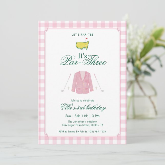 Invitación It’s A Par-Three Golf 3rd Birthday Pink Gingham (Anverso de pie)