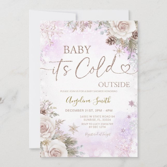 Invitación  It’s Cold Outside Pink Purple Winter Baby Shower  (Anverso)