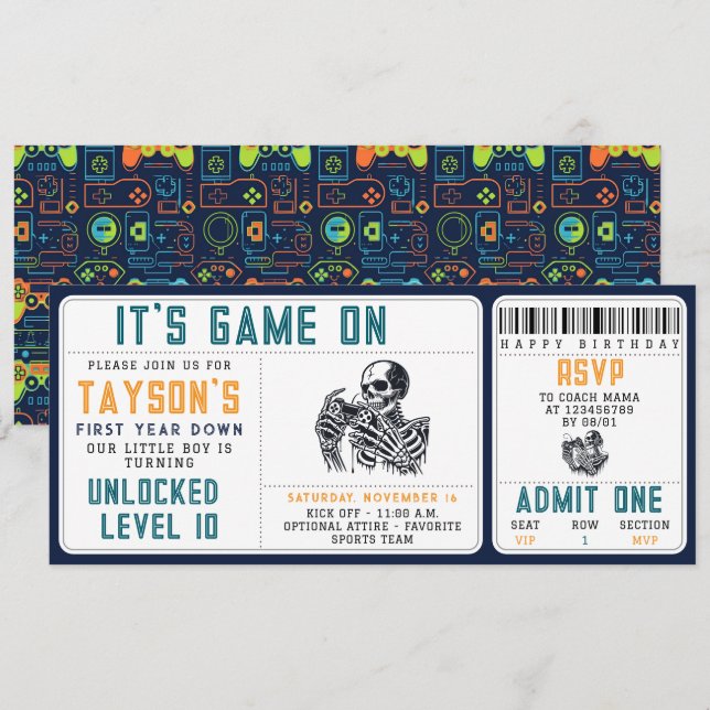 Invitación It’s Game On Skull – Video Game Birthday Party (Anverso / Reverso)