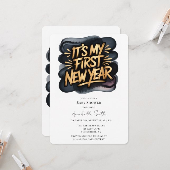 Invitación It’s My First New Year in Black & Gold Baby Shower (Anverso/Reverso In Situ)