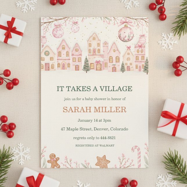 Invitación It Takes a Village Baby Shower Invitation ("pink christmas village")