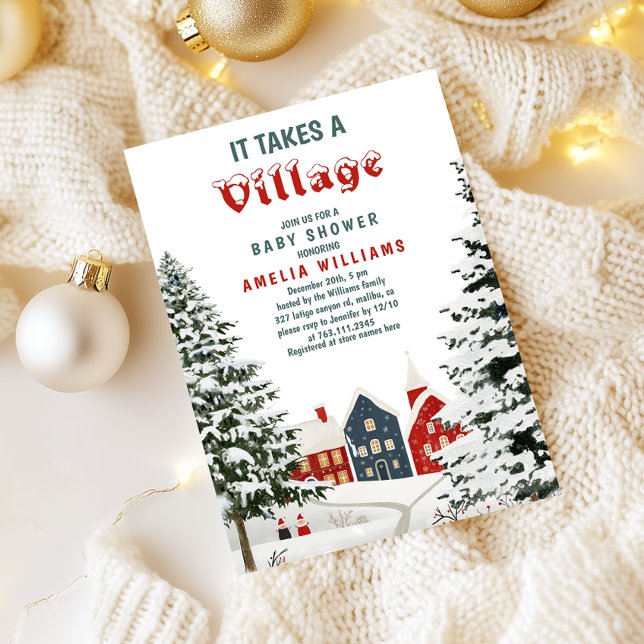 Invitación It Takes a Village Baby Shower Winter Snowy (Subido por el creador)