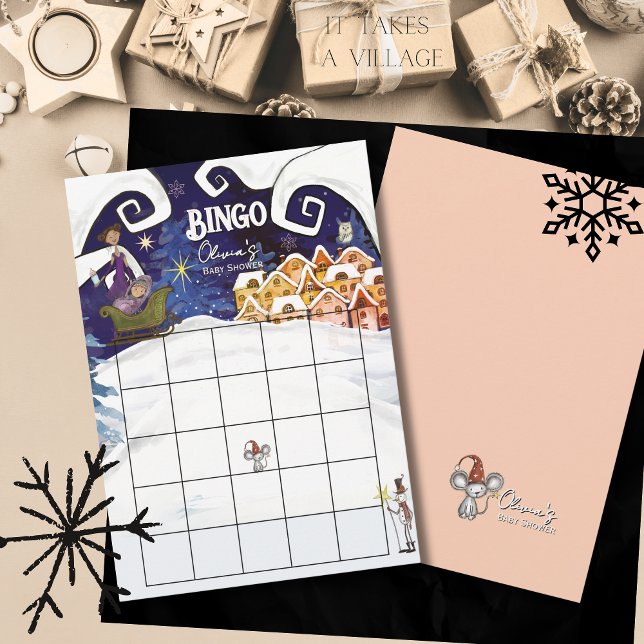 Invitación It Takes a Village Winter Girl Baby Shower Bingo (It Takes a Village Winter Girl Baby Shower Bingo Invitation)