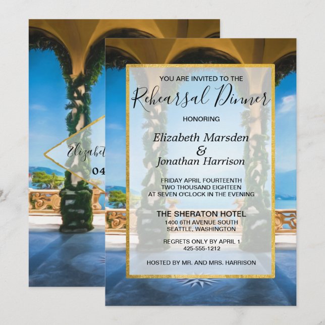 Invitación Italia Elegante cena de prueba de oro verde azul (Anverso / Reverso)