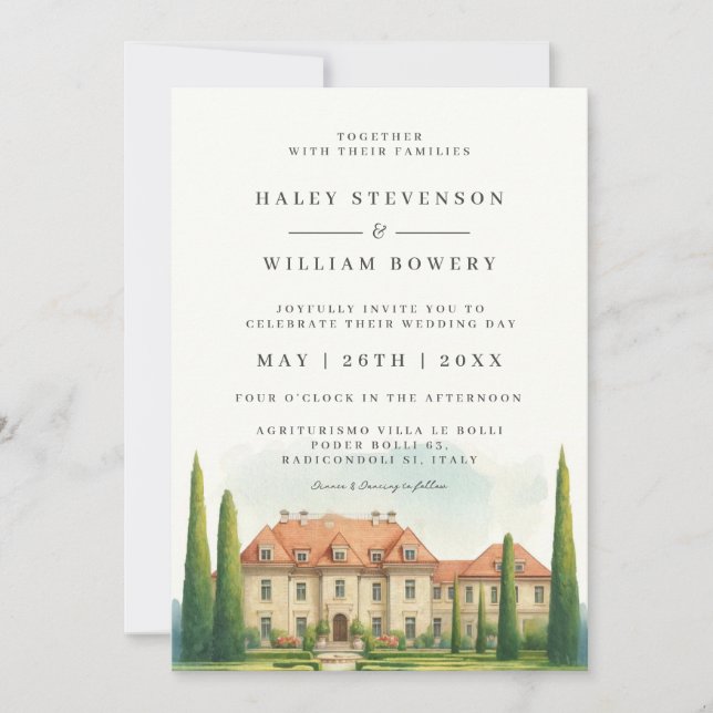 Invitación Italia Villa acuarela Toscana Boda de destino (Anverso)