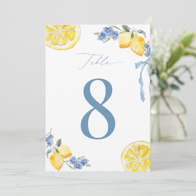 Invitación Italian Blue Bow Lemon Wedding 5x7 Table Number (Anverso de pie)