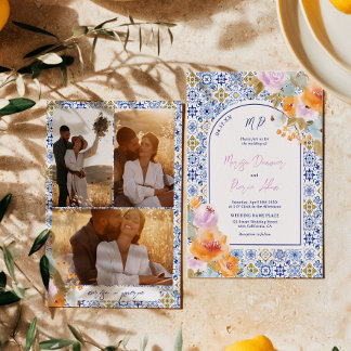 Invitación Italian blue tiles bold boho floral photo wedding