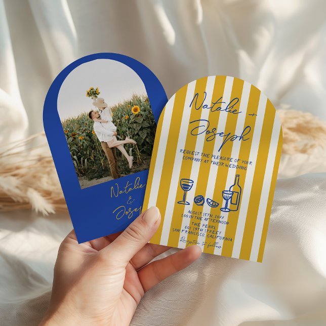 Invitación Italian Blue Yellow Written Photo Arch Wedding (Subido por el creador)