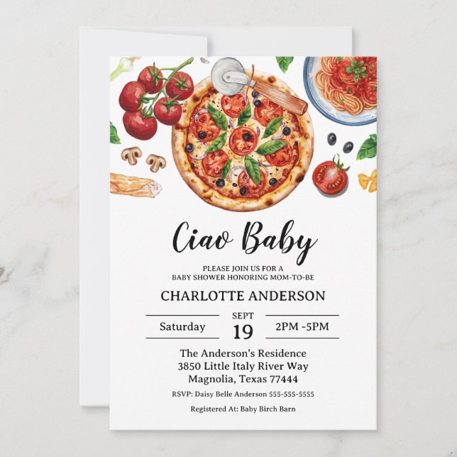 Invitación Italian Ciao Baby Pizza Red Baby Shower  (Anverso)